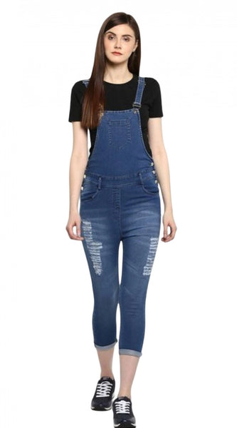 Mayawye Women's Denim Solid Dungaree Pant (Blue)