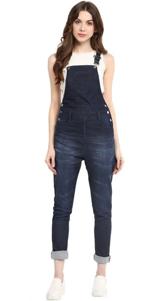 Mayawye Women's Denim Solid Dungaree Pant (Blue)