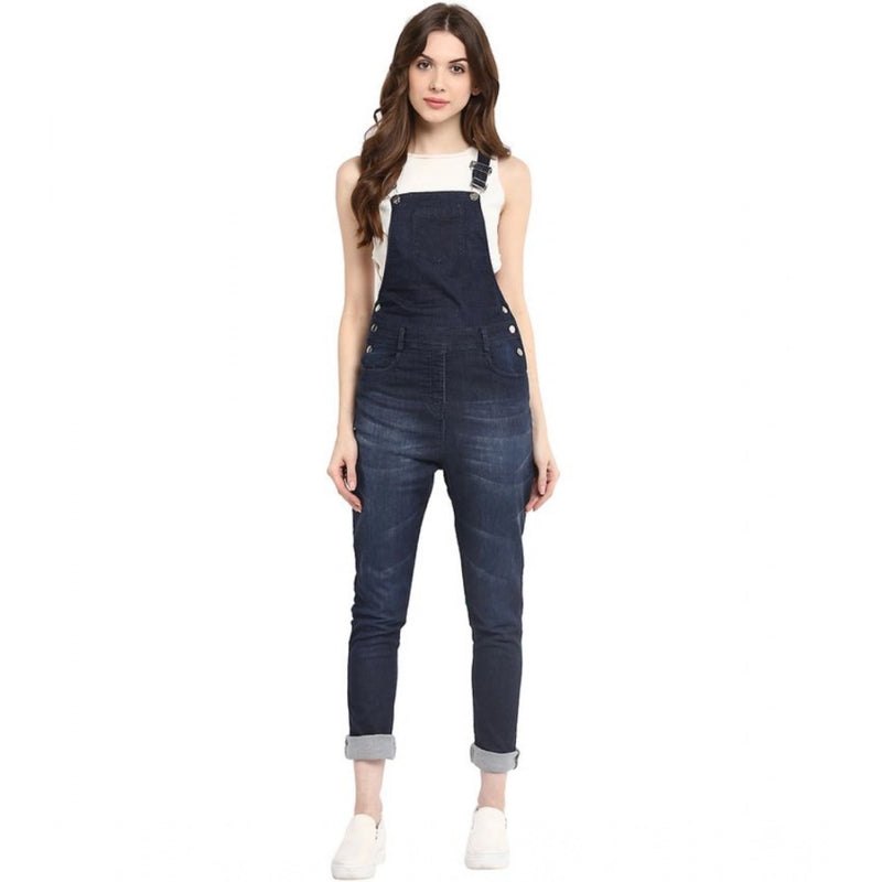 Mayawye Women's Denim Solid Dungaree Pant (Blue)