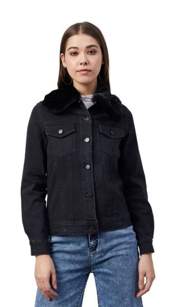 Mayawye Women's Denim & Faux Fur Washed Long Sleeve Jacket (Black)