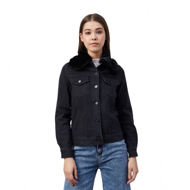 Mayawye Women's Denim & Faux Fur Washed Long Sleeve Jacket (Black)