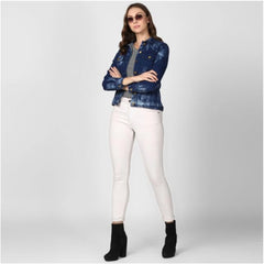 Mayawye Women's Denim Washed Long Sleeve Jacket (Blue)