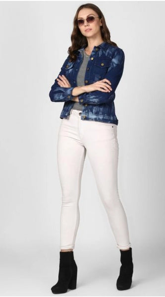 Mayawye Women's Denim Washed Long Sleeve Jacket (Blue)