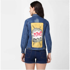 Mayawye Women's Denim Hand Painted Long Sleeve Jacket (Blue)