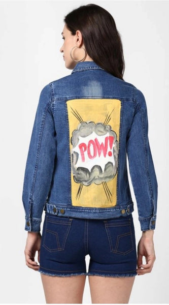 Mayawye Women's Denim Hand Painted Long Sleeve Jacket (Blue)