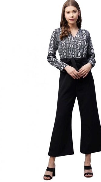 Mayawye Women's Rayon Animal Print Short Sleeve Jumpsuit (Black)