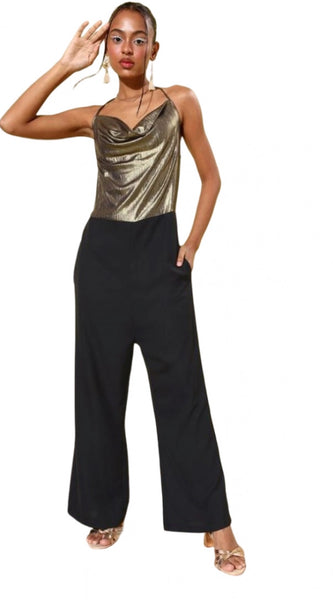 Mayawye Women's Polyester Embellished Sleeveless Jumpsuit (Gold)