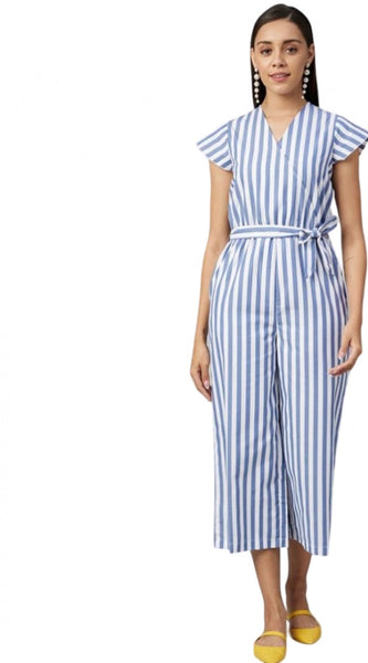 Mayawye Women's Cotton-Polyester Blend Striped Short Sleeve Jumpsuit (Blue)