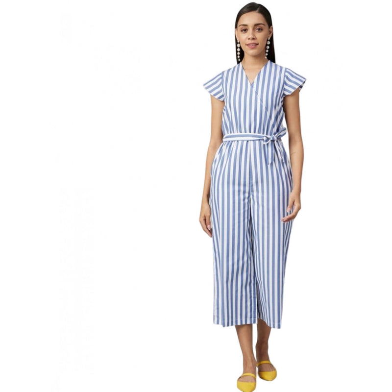 Mayawye Women's Cotton-Polyester Blend Striped Short Sleeve Jumpsuit (Blue)