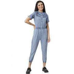 Mayawye Women's Denim Self Design Tie Ups Jumpsuit (Blue)