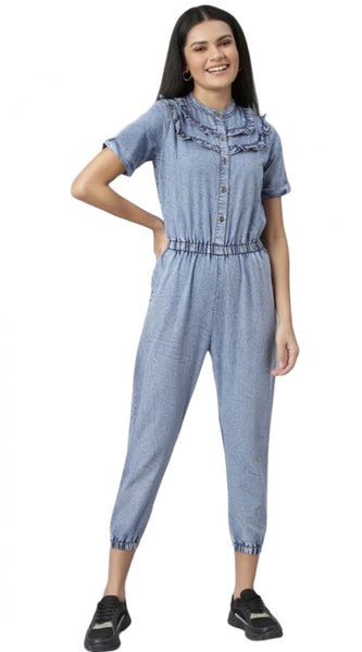 Mayawye Women's Denim Self Design Tie Ups Jumpsuit (Blue)