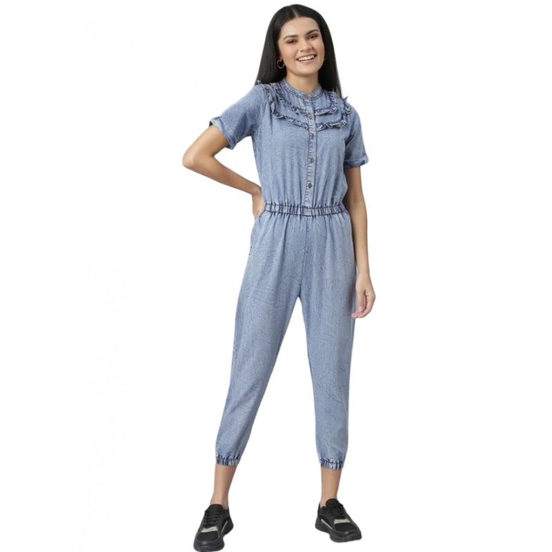 Mayawye Women's Denim Self Design Tie Ups Jumpsuit (Blue)