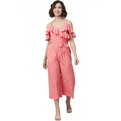 Mayawye Women's Polyester Floral Cold Shoulder Jumpsuit (Pink)