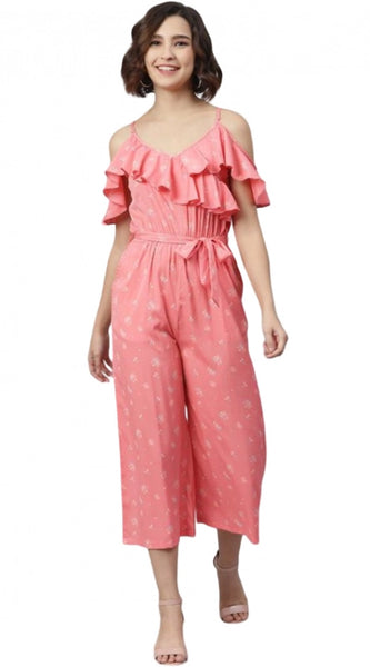 Mayawye Women's Polyester Floral Cold Shoulder Jumpsuit (Pink)