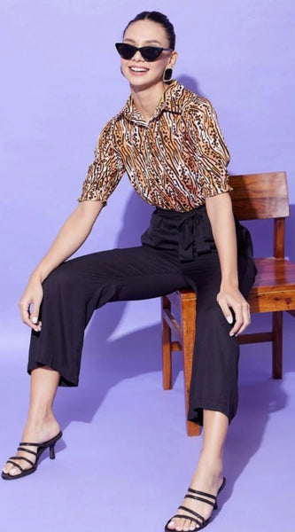 Mayawye Women's Polyester Animal Print Half Sleeve Jumpsuit (Orange - Black)