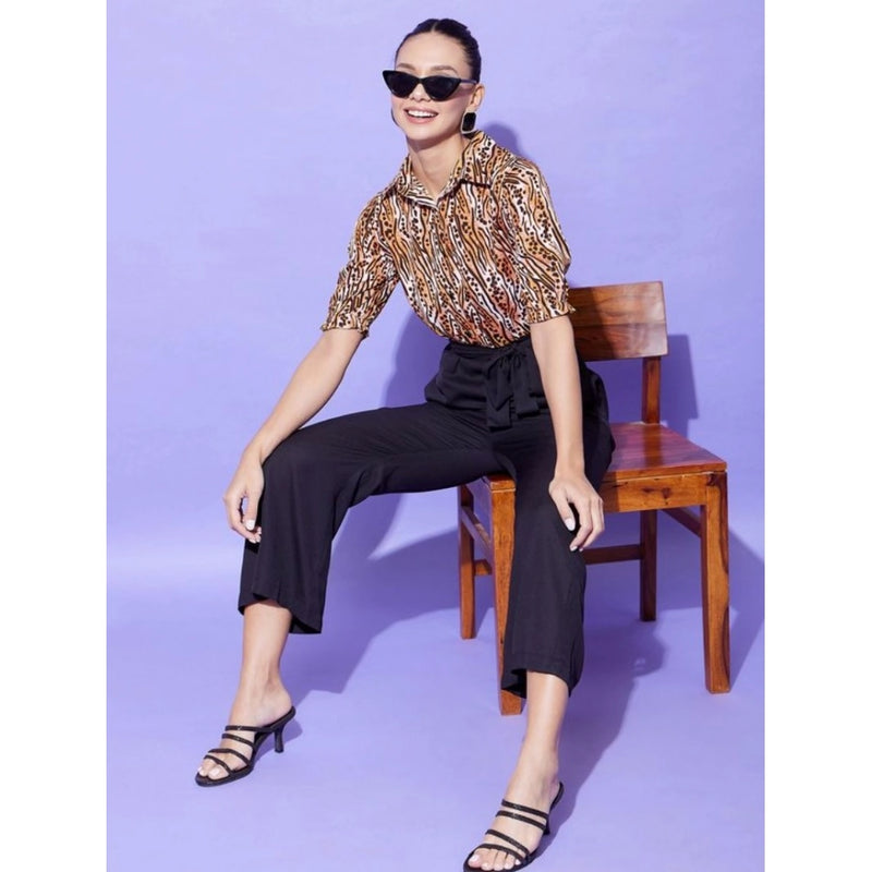 Mayawye Women's Polyester Animal Print Half Sleeve Jumpsuit (Orange - Black)