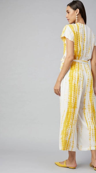 Mayawye Women's Rayon Striped Short Sleeve Jumpsuit (Yellow - White)