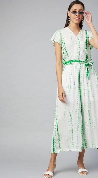 Mayawye Women's Rayon Striped Short Sleeve Jumpsuit (Green - White)