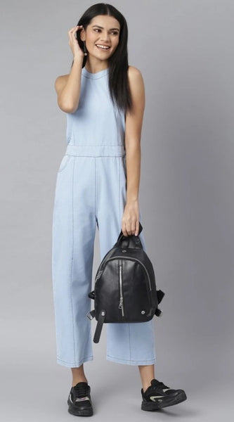 Mayawye Women's Denim Self Design Sleeveless Jumpsuit (Blue)