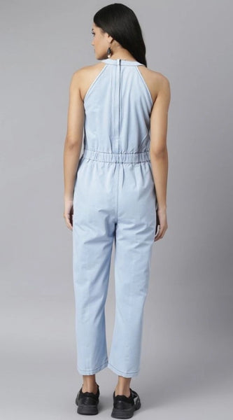 Mayawye Women's Denim Self Design Sleeveless Jumpsuit (Blue)