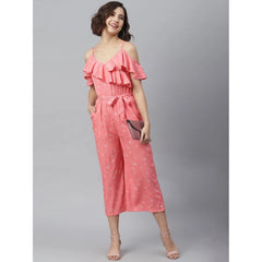 Mayawye Women's Polyester Floral Cold Shoulder Jumpsuit (Pink)