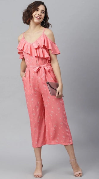 Mayawye Women's Polyester Floral Cold Shoulder Jumpsuit (Pink)