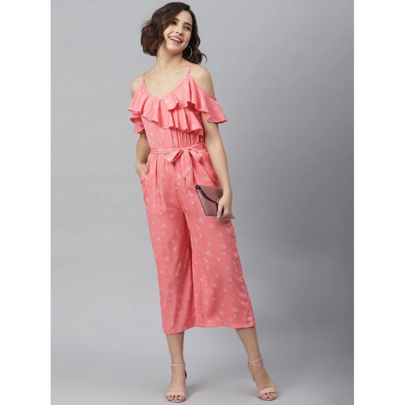 Mayawye Women's Polyester Floral Cold Shoulder Jumpsuit (Pink)