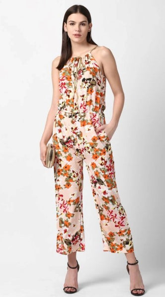 Mayawye Women's Polyester Floral Halter Jumpsuit (Peach)