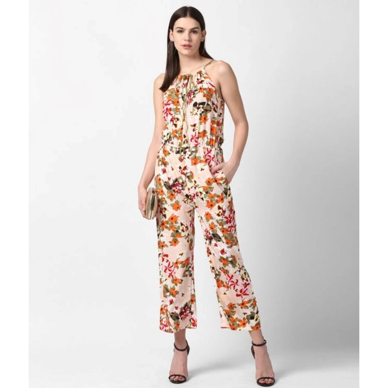 Mayawye Women's Polyester Floral Halter Jumpsuit (Peach)