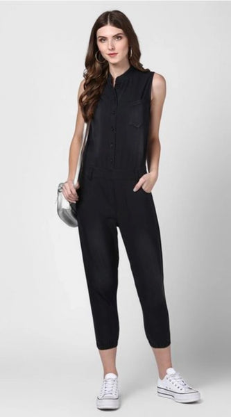 Mayawye Women's Denim Solid Sleeveless Jumpsuit (Black)