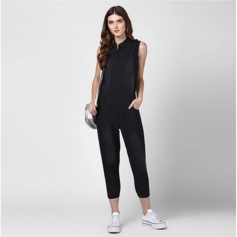 Mayawye Women's Denim Solid Sleeveless Jumpsuit (Black)