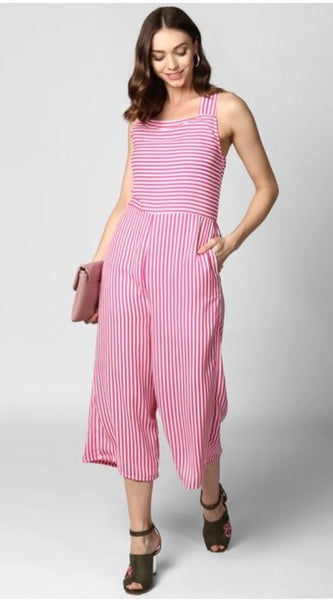 Mayawye Women's Polyester Striped Sleeveless Jumpsuit (Pink)