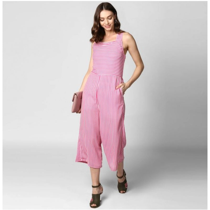 Mayawye Women's Polyester Striped Sleeveless Jumpsuit (Pink)