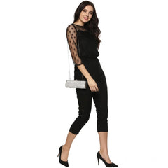 Mayawye Women's Polyester Self Design 3/4th Sleeve Jumpsuit (Black)