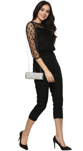 Mayawye Women's Polyester Self Design 3/4th Sleeve Jumpsuit (Black)