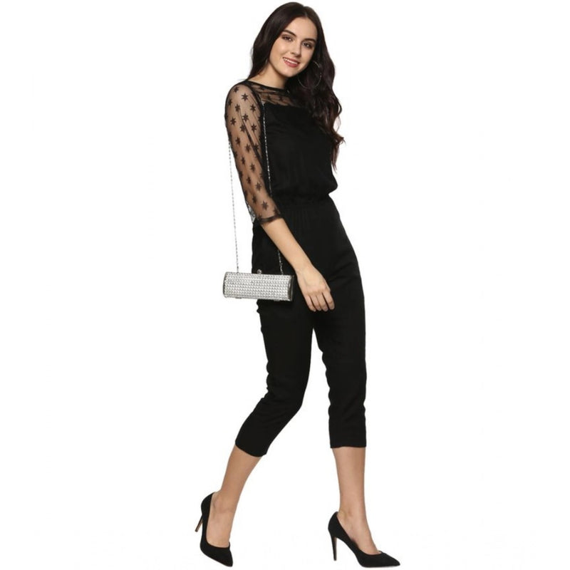 Mayawye Women's Polyester Self Design 3/4th Sleeve Jumpsuit (Black)
