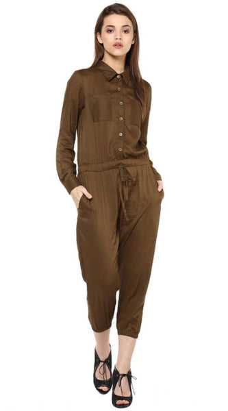Mayawye Women's Rayon Solid Long Sleeve Jumpsuit (Olive)