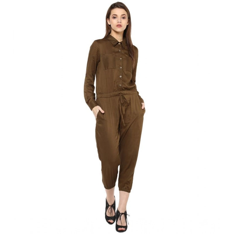 Mayawye Women's Rayon Solid Long Sleeve Jumpsuit (Olive)