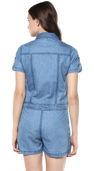 Mayawye Women's Denim Solid Short Sleeve Jumpsuit (Blue)