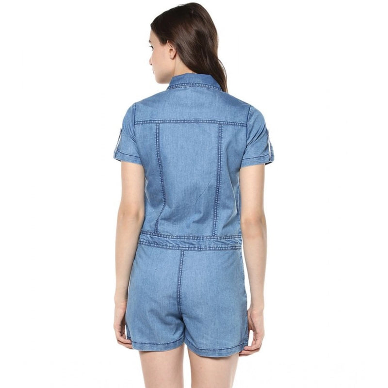 Mayawye Women's Denim Solid Short Sleeve Jumpsuit (Blue)