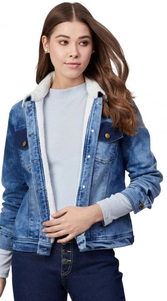 Mayawye Women's Denim Washed Long Sleeve Jacket (Blue)