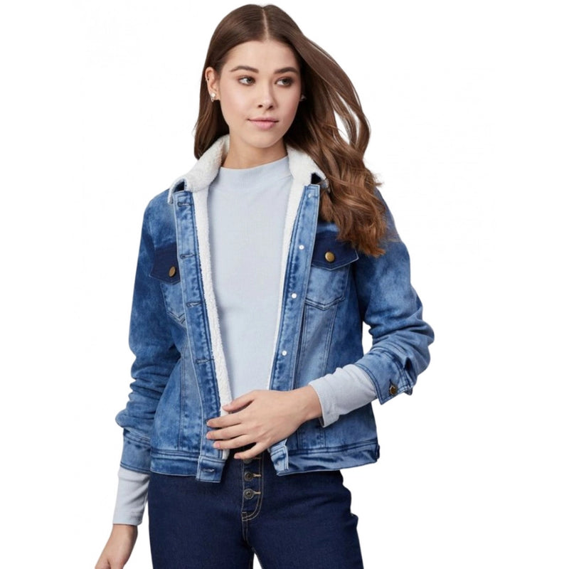 Mayawye Women's Denim Washed Long Sleeve Jacket (Blue)