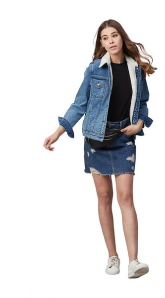 Mayawye Women's Denim Washed Long Sleeve Jacket (Blue)