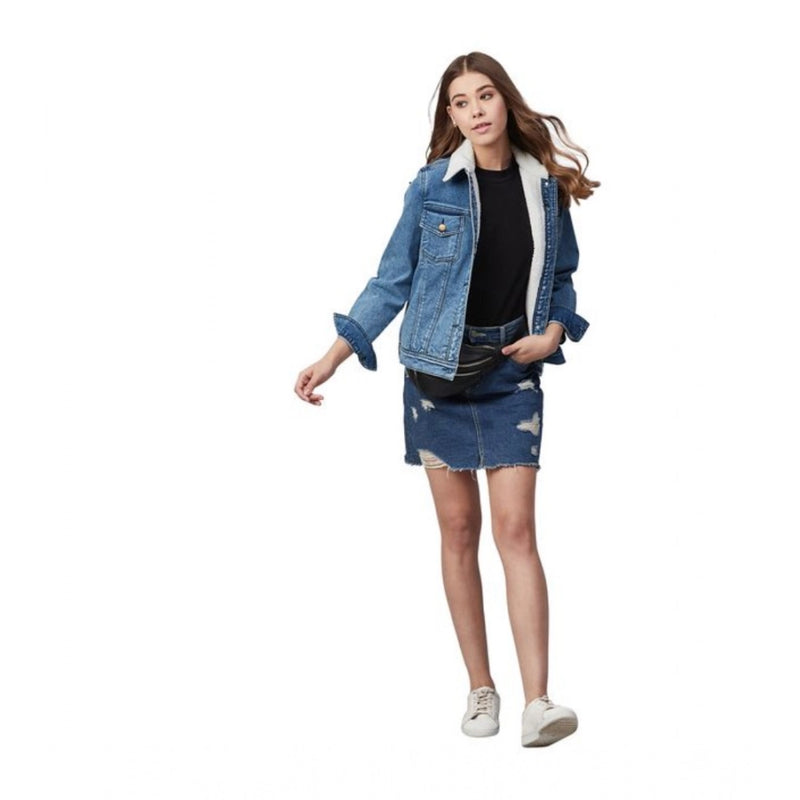 Mayawye Women's Denim Washed Long Sleeve Jacket (Blue)