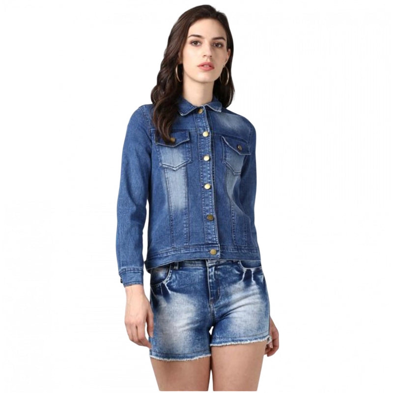Mayawye Women's Denim Hand Painted Long Sleeve Jacket (Blue)