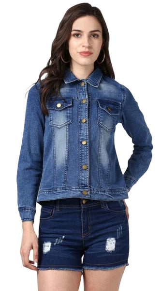 Mayawye Women's Denim Hand Painted Long Sleeve Jacket (Blue)