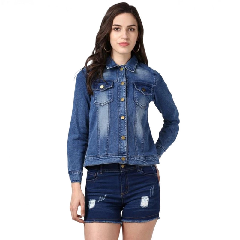 Mayawye Women's Denim Hand Painted Long Sleeve Jacket (Blue)