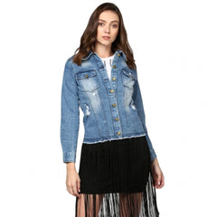 Mayawye Women's Denim Distressed Long Sleeve Jacket (Blue)