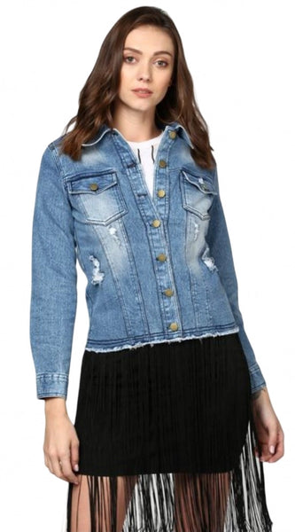 Mayawye Women's Denim Distressed Long Sleeve Jacket (Blue)