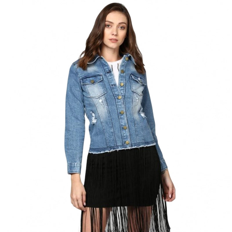Mayawye Women's Denim Distressed Long Sleeve Jacket (Blue)